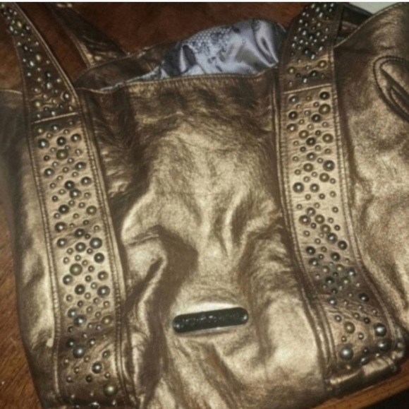 🍁🍂Vintage Betsey Johnson Bronze Leather Metalicize Me Lipstick Tote Handbag - Picture 2 of 10